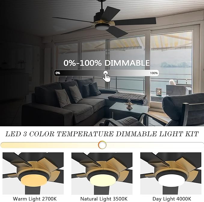 SMAAIR Smart Ceiling Fans with Lights and Remote, 52 Inch Low Profile Ceiling Fan with Dimmable LED Light, 10-Speed Reversible DC Motor Works with APP/Alexa/Google Assistant/Siri Control(Black/Gold)
