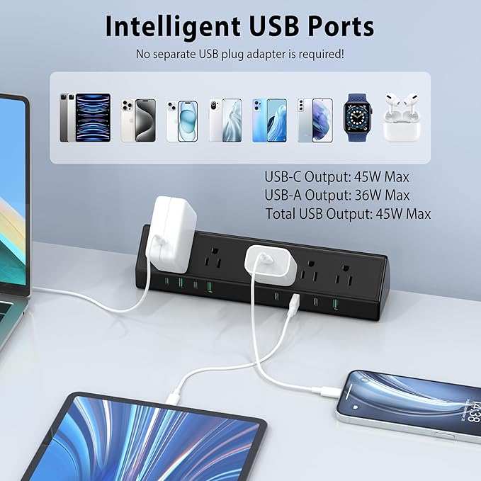 Jgstkcity Desk Clamp Power Strip,45W Fast Charging Station,4 USB-C,4 USB-A,Desk Mount Surge Protector,1875W Extension Cord with Multiple Outlets,ETL Listed,for Home Office Dorm Room