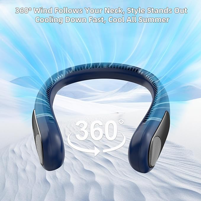 Portable Neck Fan,Personal Wearable Bladeless Fan,LED Display,4-Speeds,6000mAh USB Rechargeable,360° Strong Cooling Wind,Hands Free,White Elephant Gift,Christmas Gifts for Men Women Dad Mom (Blue)
