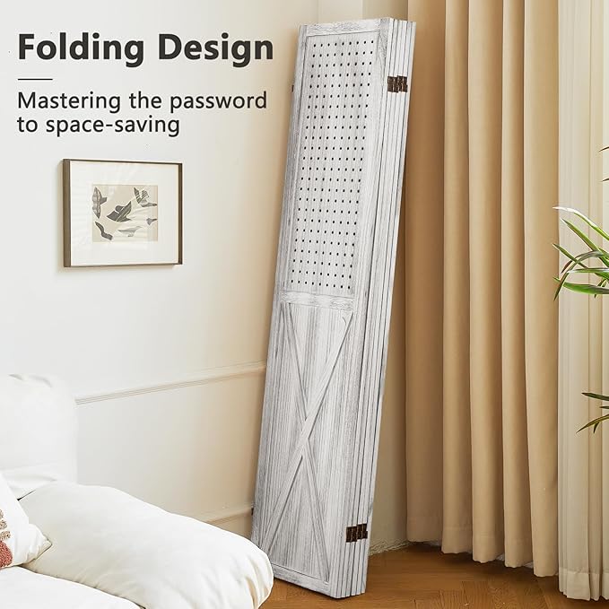 ALeesing 6 Panel Pegboard Room Divider, 5.6Ft Pegboard Display Folding Privacy Screens, Wood Room Divider Peg Board Display Freestanding for Trade Show Craft Show Home Wall Organizer, Retro White