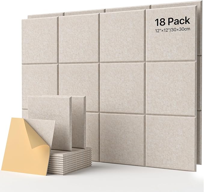 18 Pack Soundproof Wall Panels Self-Adhesive, Square Sound Proof Foam Panels for Wall, High Density Acoustic Panels, Acoustic Panels for Home Office, Reccording Studio 12" X 12" X 0.4" Beige