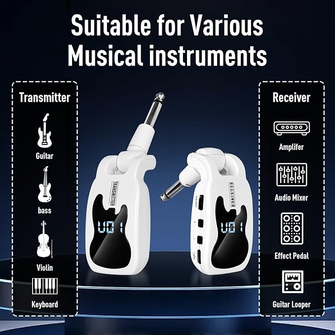 Devilclaw UHF Wireless Guitar System- 16 Channel Rechargeable Transmitter Receiver with Volume Control - Interference-Free Adapter for Bass Instruments(White)