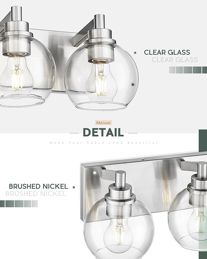 METWET Bathroom Light Fixtures, 4 Light Brushed Nickel Vanity Light, 26 Inch Modern Wall Sconces with Globe Clear Glass Shade, Vanity Lighting Fixtures Over Mirror, VL195-BN-CL-4