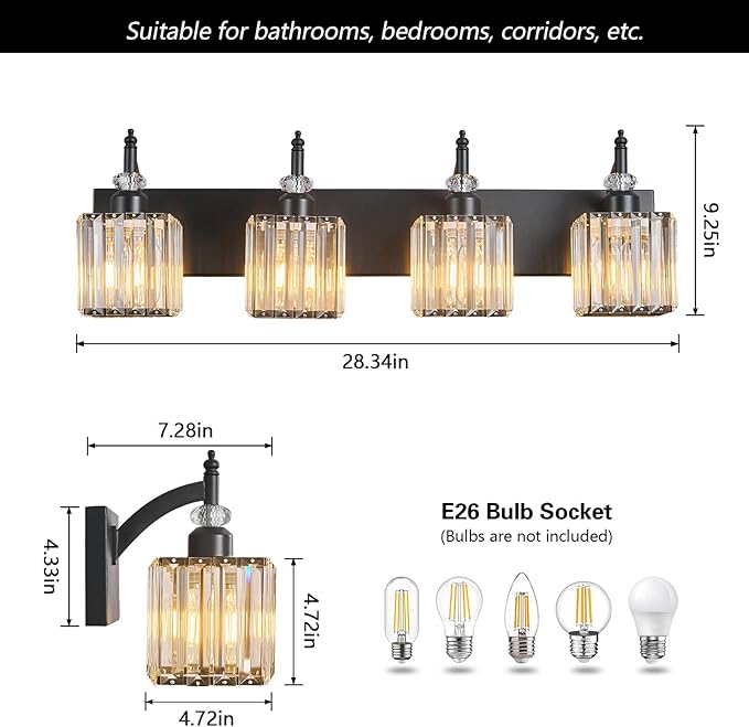 BBLLWJ Modern Bathroom Vanity Light 4-Light Black Crystal Light Fixtures Over Mirror for Bathroom Wall Sconce