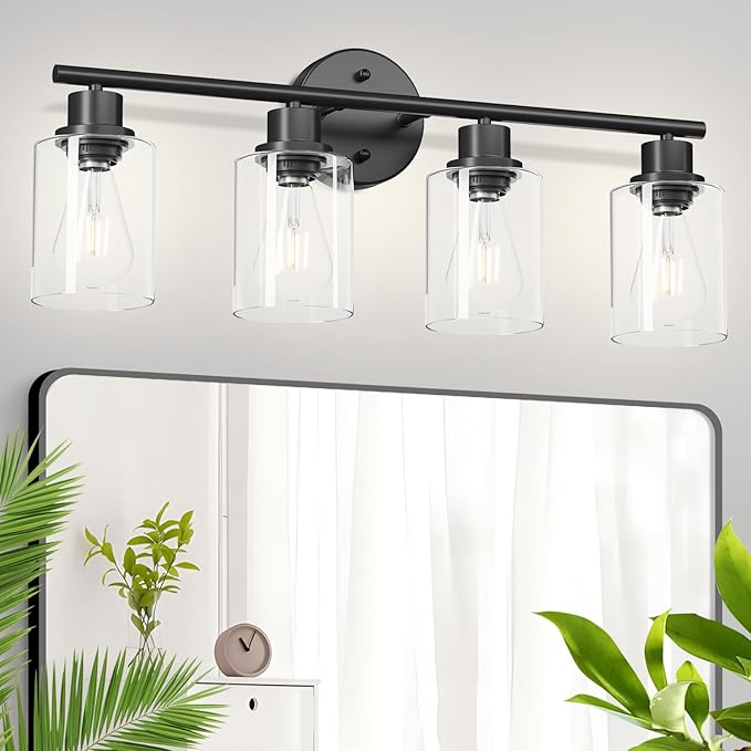 Guliaofo 4-Light Black Bathroom Light Fixtures, E26 Modern Vanity Lights for Bathroom with Clear Glass Shade, Wall Lamps for Mirror Hallway Kitchen Cabinet Living Room Sconces Lights
