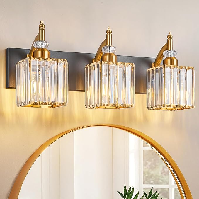 BBLLWJ Modern Bathroom Vanity Light 3-Light Black and Gold Crystal Light Fixtures Over Mirror for Bathroom Wall Sconce