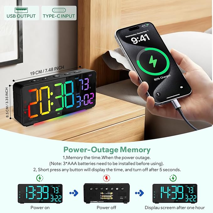 EVILTO Digital Alarm Clocks for Bedrooms, RGB Desk Clock with 15 Color Display, Date Temperature and Weekday, DST, Snooze, 2 Alarms, Ambient Lighting for Living Room, Bedside Office Gaming Desk Decor