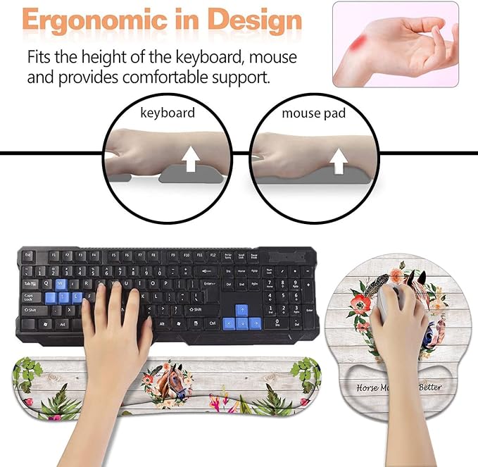 Keyboard Wrist Rest + Mouse Pad Wrist Support Set with Coasters, Non-Slip PU Base Ergonomic Mousepad for Home Office Working Studying Easy Typing & Pain Relief, Horse Theme, Horses Make Life Better