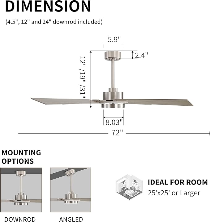 WINGBO 72 Inch Ceiling Fan with Light and Remote, 4 Plywood Blades, 6-Speed Reversible DC Motor, Dimmable, 3CCT, Farmhouse Ceiling Fan for Bedroom Living Room Kitchen, Brushed Nickel and Gray
