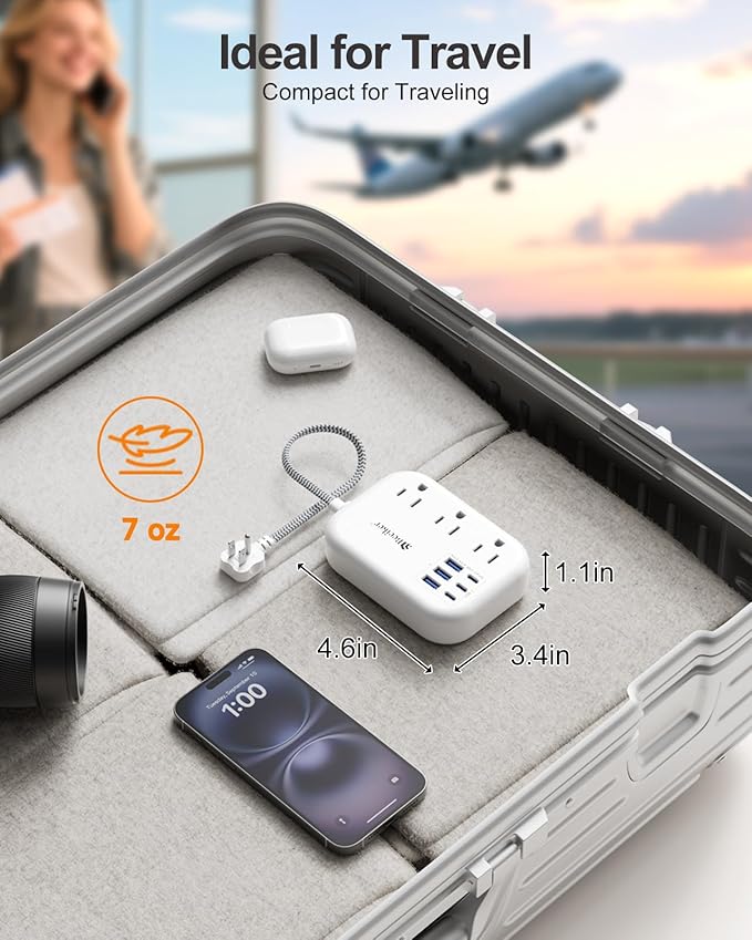 Beeiker Short Extension Cord 1 Ft- 6 USB(3 USB C) Travel Power Strip with 24W USB Charging Station and 3 Outlets, 1Ft Small Flat Plug Extension Cord Surge Protector for Travel Home College Dorm 1625W