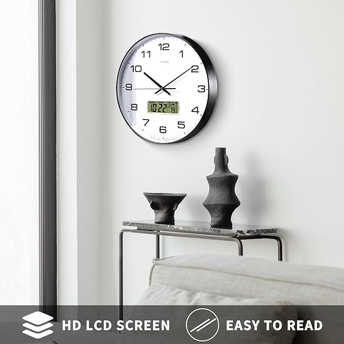 TIMESS Wall Clock, 14" Large Dial Non-Ticking Silent Battery Operated Analog with LCD Display for Perpetual Calendar and F° Temperature, Ideal Modern Home, Bedroom, Office Decor (Black)
