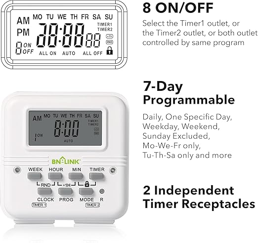BN-LINK Indoor Digital Light Timer, 7 Day Programmable Plug with 2 Independent 3-Prong Outlets, for Lamps, Fans, 2 On/Off Settings, 1 Pack, 15A/1875W, ETL Listed
