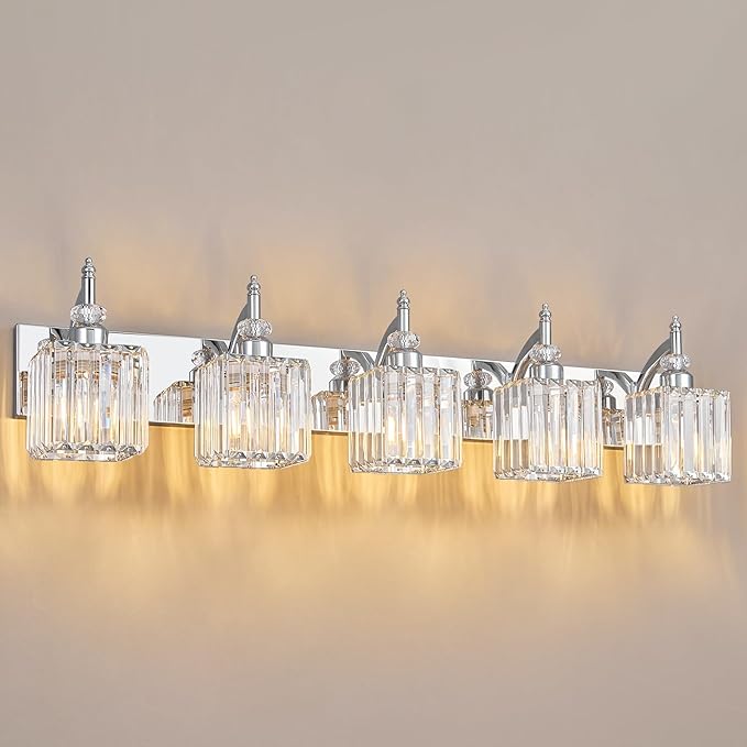 BBLLWJ Crystal Vanity Lights Chrome 5 Light Bathroom Light Fixtures Over Mirror Modern Vanity Light for Bathroom