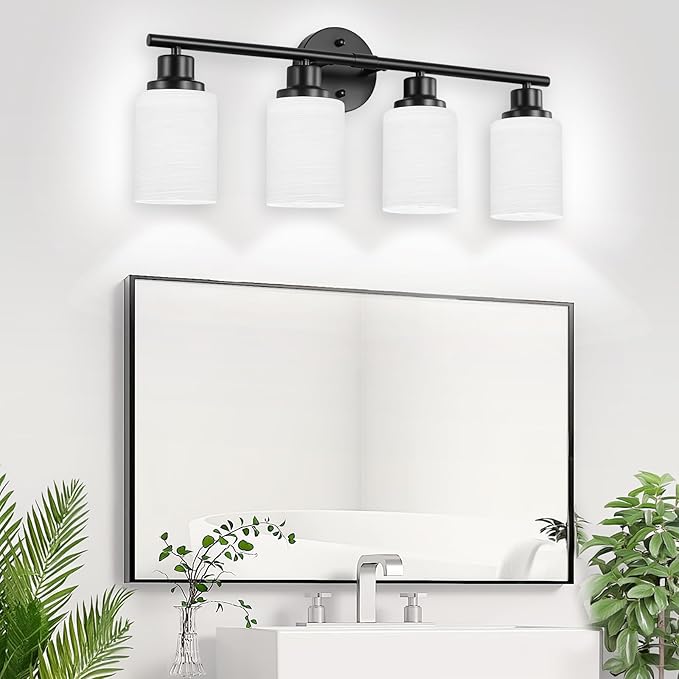 Guliaofo 4-Light Bathroom Light Fixtures, Black Vanity Lights for Mirror with Textured Milky White Glass Shade, Modern Kitchen Light Fixtures Wall Sconce Light - E26 Base