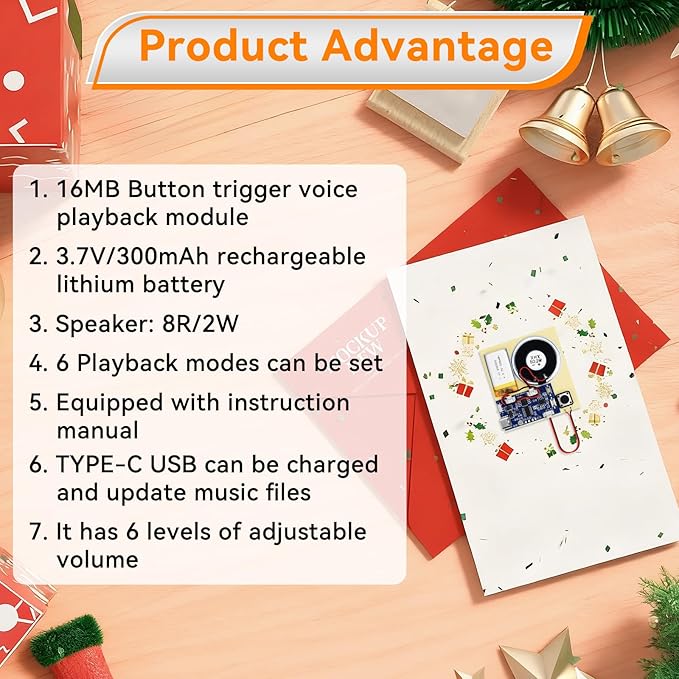 Sound Recorder Module DIY Music Voice Recording Module Chip with Speaker,Type-C Cable,Easy Recording Capability16 Minutes Music for Personalized Greetings, Holiday Crafts Cards with Manual
