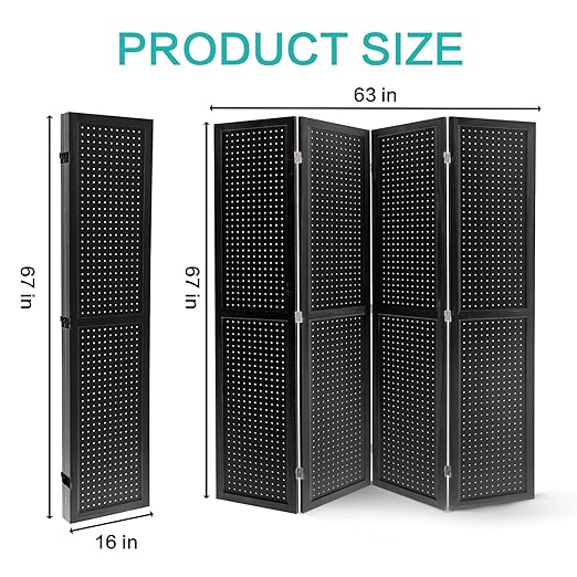 Babion 4 Panel Pegboard Display, Peg Board Room Divider Freestanding Folding Privacy Screens Display Stand for Craft Shows (Black)