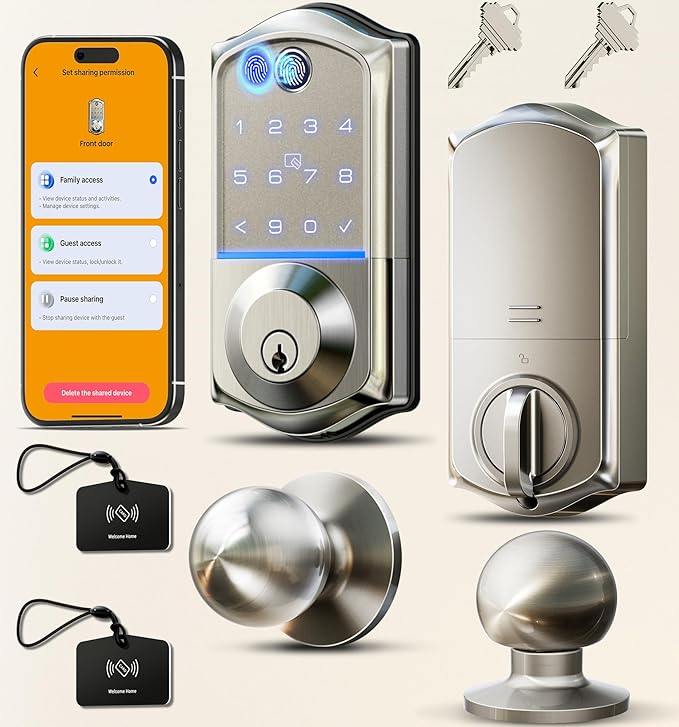 Veise VE017-K Fingerprint Smart Lock with 2 Knobs, App Control, Keyless Entry Front Door Lock with Handle Set, Electronic Digital Touchscreen Keypad Deadbolt, IP55 Waterproof, Auto-Lock, Satin Nickel