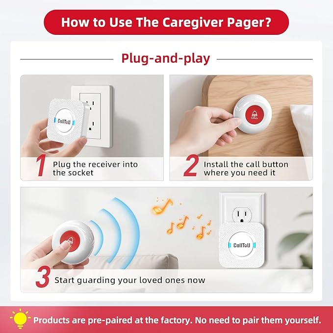 CallToU Caregiver Pager Wireless Call Button Nurse Alert System 500+ Feet for Home/Elderly/Patient/Disabled 2 Plugin Receiver 2 Waterproof Transmitter 1 Watch Transmitter