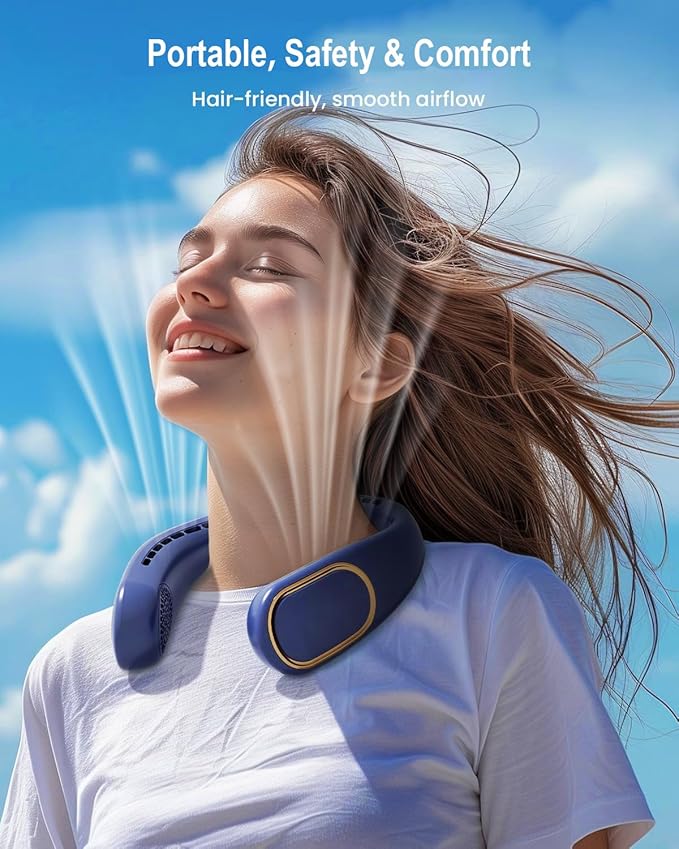 SHEWIND Portable Neck Fan - Hands Free Personal Fan, Rechargeable Bladeless Fan with 5000mAh-Battery, Digital Display, 4 Speeds, Birthday Gifts for Men, Women, Mom, and Dad - Blue