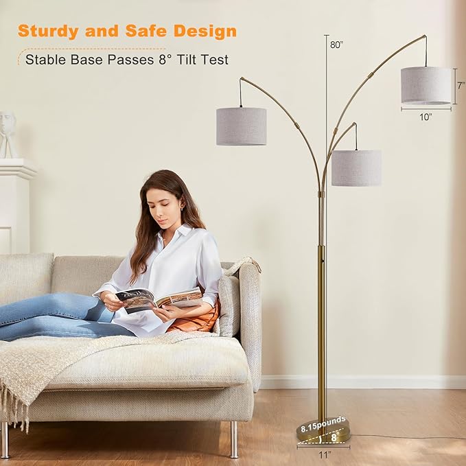 Fansdrick Gold Floor Lamps for Living Room, Super Bright Arc Floor Lamp with Remote Control, 3 Light Tall Floor Lamps with Stepless Dimmable, 80" Mid Century Tree Floor Lamp for Bedroom, Office