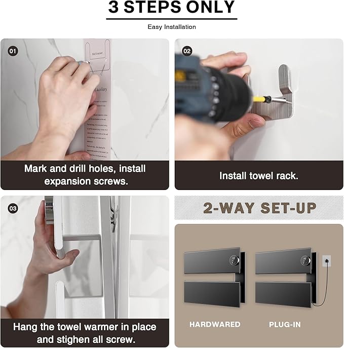 K&KALONZO Electric Towel Warmer, 18.35" W x 14.6" H Wall-Mounted Towel Heater with Built-in Timer, Waterproof Aluminum Towel Warmer for Bathroom, Support Plug-in and Hardwired, Black, K2-R-B