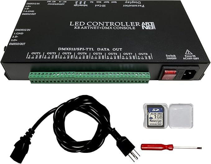 CANRIA K8 ARTNET+DMX CONSOLE LED CONTROLLER, Suitable for SPI and DMX512 LED Light, Online Offline, Addressable Programmable, 1G SD Card With 96 Program Modes and Offline Software.