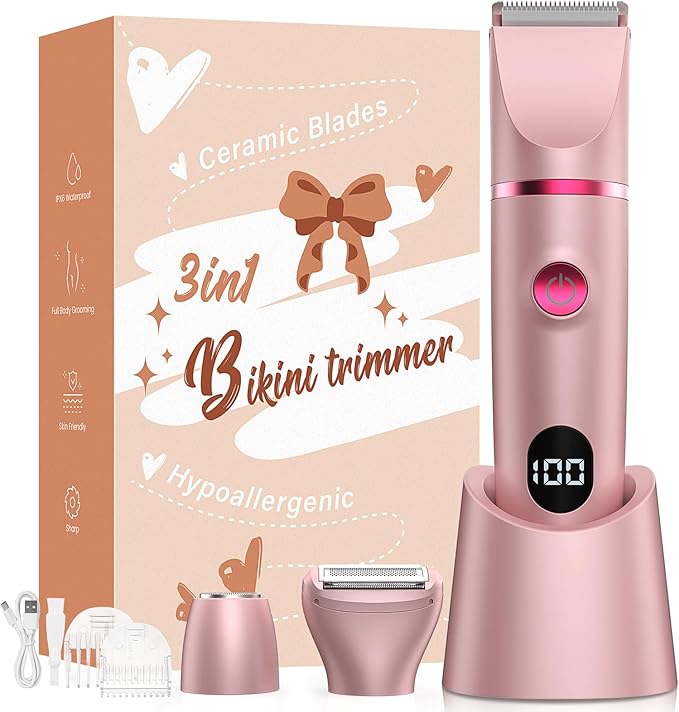 Crolanli Bikini Trimmer for Women, 3-in-1 Electric Razor for Women, IPX7 Waterproof Rechargeable Cordless Pubic Hair Shaver, with LED Display, for Ladies Bikini Pubic, Face, Underarms, Legs(Rose Gold)