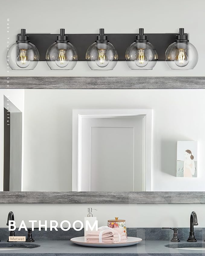 METWET Bathroom Light Fixtures, 5 Light Matte Black Vanity Light, 32 Inch Modern Wall Sconces with Globe Clear Glass Shade, Vanity Lighting Fixtures Over Mirror, VL195-MB-CL-5