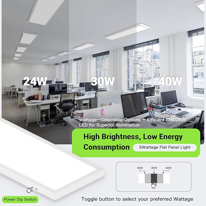 1x4 LED Flat Panel Light,Surface Mount Ceiling Light,5CCT 3000K/3800K/4500K/5200K/6000K,24W/30W/40W 5200LM Smooth Triac Dimming(10-100%),LED Light Fixture for Office Kitchen Garage,White - 2Pack