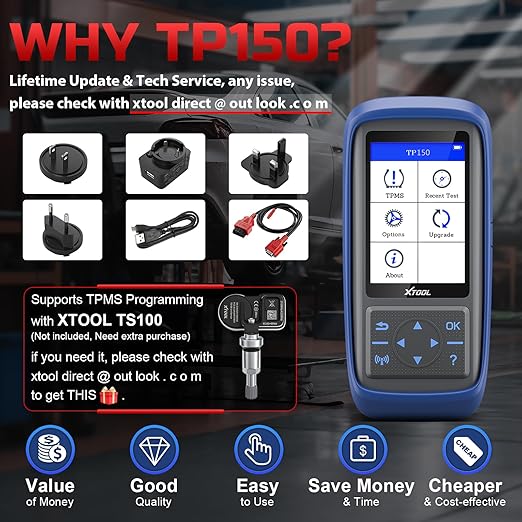 XTOOL TP150 TPMS Programming Tool, Universal TPMS Relearn/Reset/Activate Tool(315/433MHz), Tire Sensor Programmer for XTOOL TS100 Only, Tire Pressure Monitoring System Diagnostic Tool