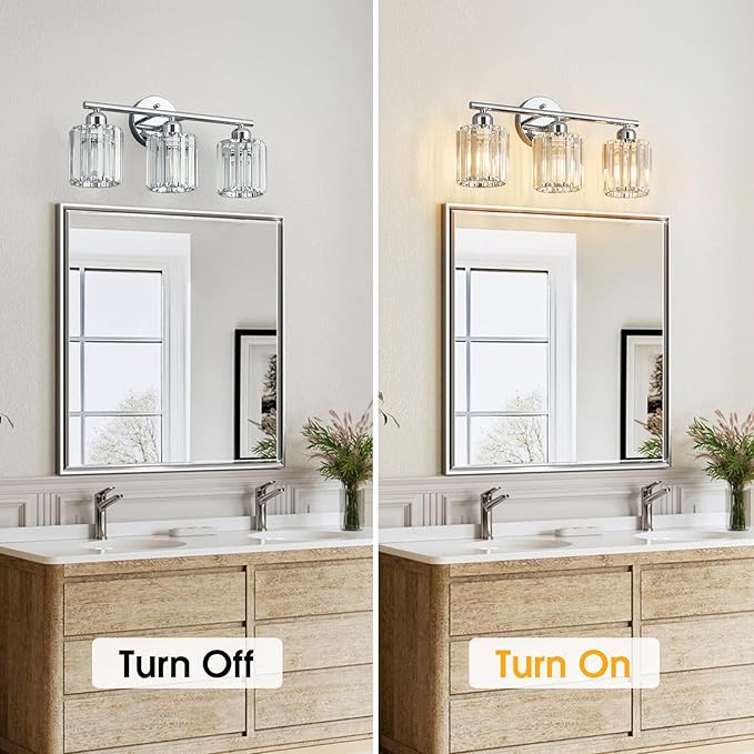 FDPBY Modern 3 Light Crystal Vanity Light, Chrome Vertical Bathroom Light Fixture Over Mirror for Dressing Table Sink, Compatible with Dimmable Bulbs (Bulbs Not Included)