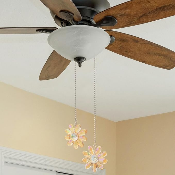 LEFERS Ceiling Fan Pull Chain, 2 Pieces 1.8" Crystal Glass Flower Pendants with 24" Ceiling Fan Chain Extender and Connector (Gold)