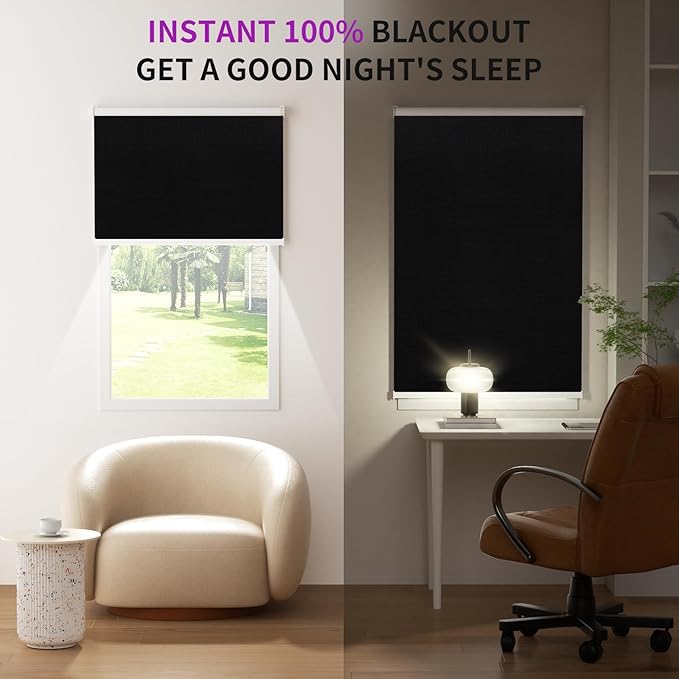 Astomi Motorized Blinds with Remote - Blackout Smart Roller Shades Compatible with Alexa & Goggle Home, Solar Rechargeable, Custom Size 22" - 100" for Indoor Window, Midnight Black