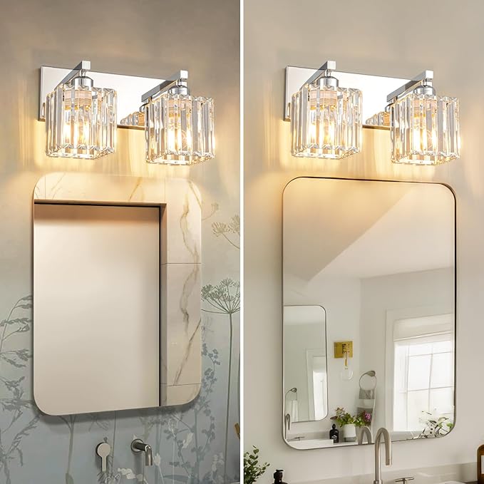 FDPBY Modern Bathroom Vanity Light 2-Lights Chrome Crystal Bathroom Wall Light Vanity Light Fixtures，12.59-inch Modern Minimalist Design
