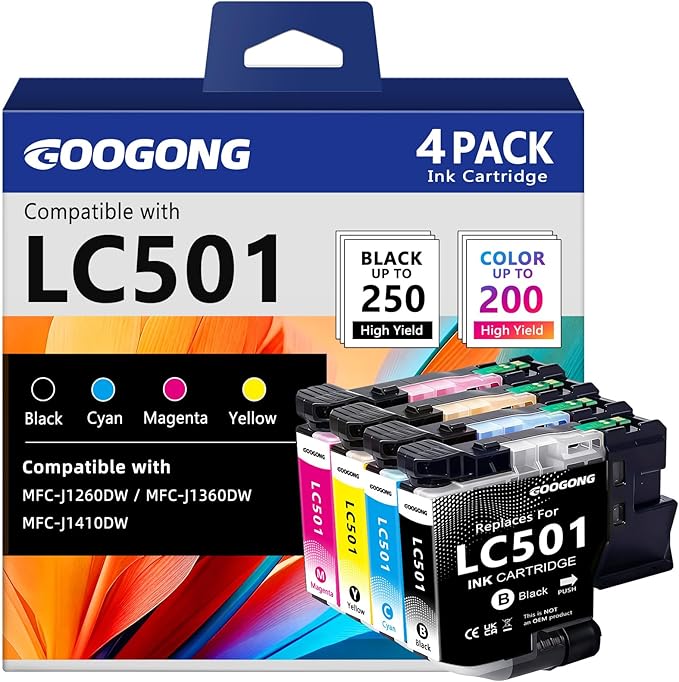 googong LC501 Ink Cartridges LC 501 Ink 4 Pack Compatible for Brother LC 501 Ink LC501 LC501XL Ink Cartridge Work for Brother MFC-J1360DW MFC-J1260W MFC-J1410DW Printer (Black Cyan Magenta Yellow)
