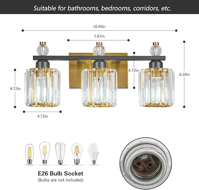 FDPBY Bathroom Vanity Lights 3-Light Sand Black Gold Modern Crystal Vanity Light Fixtures Over Mirror Crystal Bathroom Vanity Lighting Fixtures