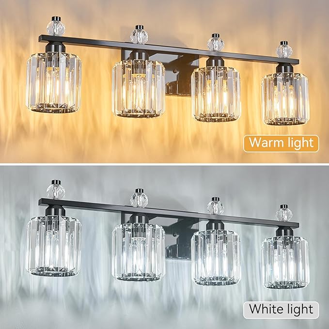FDPBY Bathroom Vanity Lights 4-Light Plating Black Modern Crystal Vanity Light Fixtures Over Mirror Crystal Bathroom Vanity Lighting Fixtures