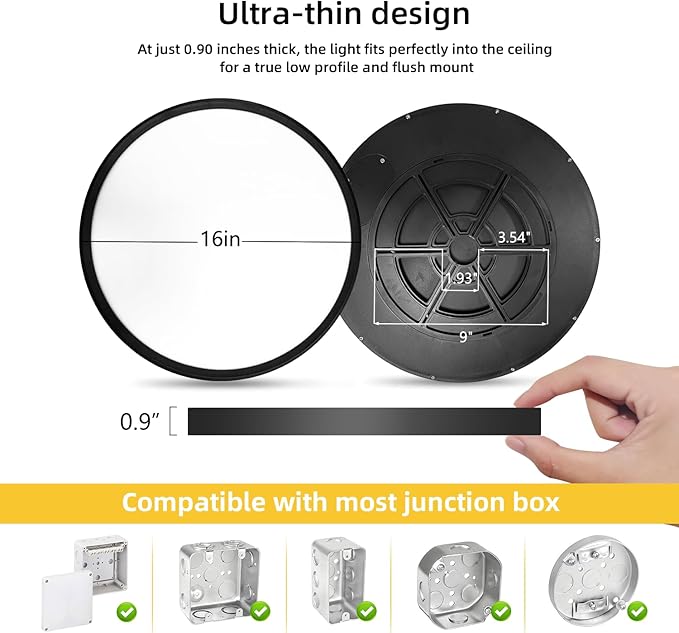 RLEDPZTX Led Flush Mount Ceiling Light,16 Inch 32w 3480lm,3000k/4000k/6000k 3CCT Selectable, Round Modern Flat Panel Super Slim Led Ceiling Light,for Living Dining Kitchen Bedroom Room (1Pack-Black)