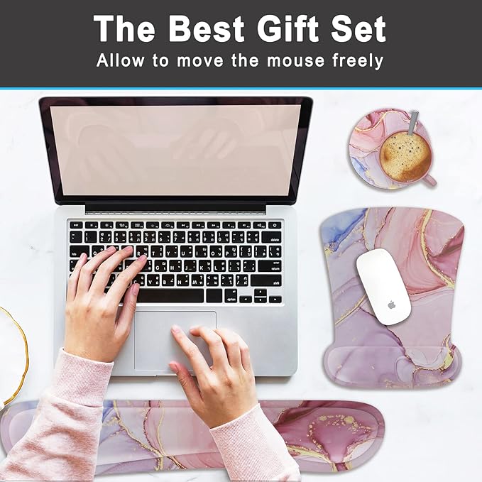 Keyboard Wrist Rest Memory Foam Ergonomic Mouse Pad with Computer Wrist Support Set with Non-Slip Rubber Base Coaster for Home, Office Easy Typing and Pain Relief - Black Marble (Pink Gold Marble3)