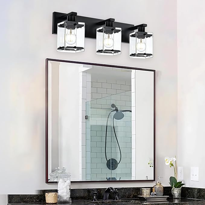 WINSHEN 3-Light Black Bathroom Light Fixture Over Mirror, Vanity Wall Lighting with Rectangular Clear Glass, E26 Bulb Base