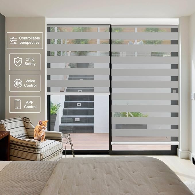 MUSCLEAREA Motorized Blinds with Remote, Cordless Automatic Zebra Shades, Smart Blind for Windows, Grey, 33 x 72