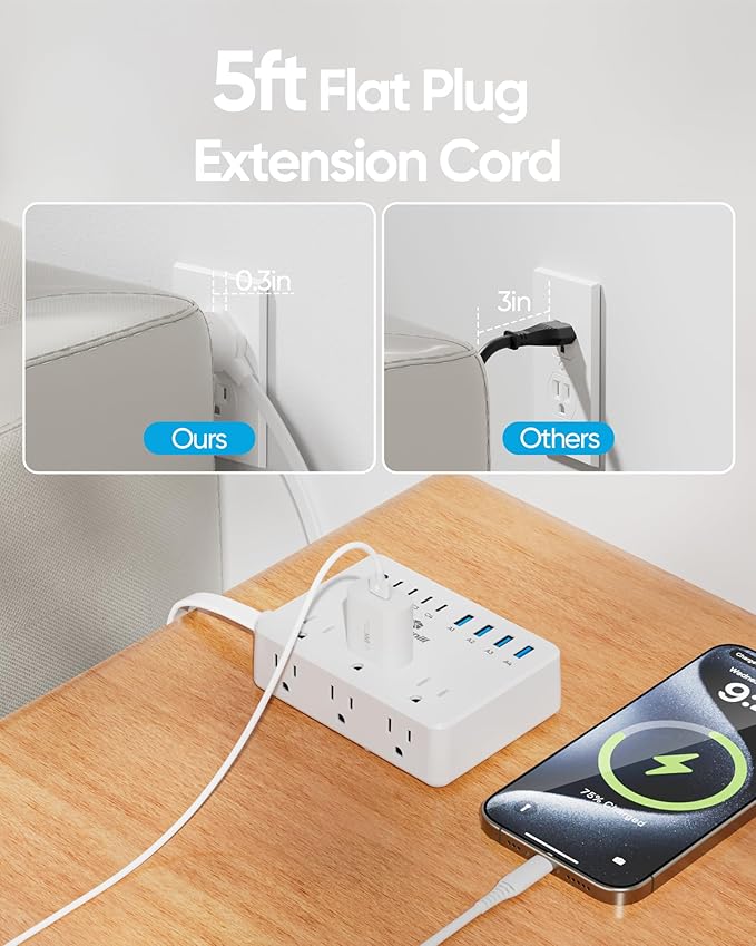 Kakyanill 100W Charging Station, 6 AC Outlets 8 USB Power Strip with 2000J Surge Protector, 5ft Flat Plug Extension Cord, Compact for Desk Home Office Dorm, White