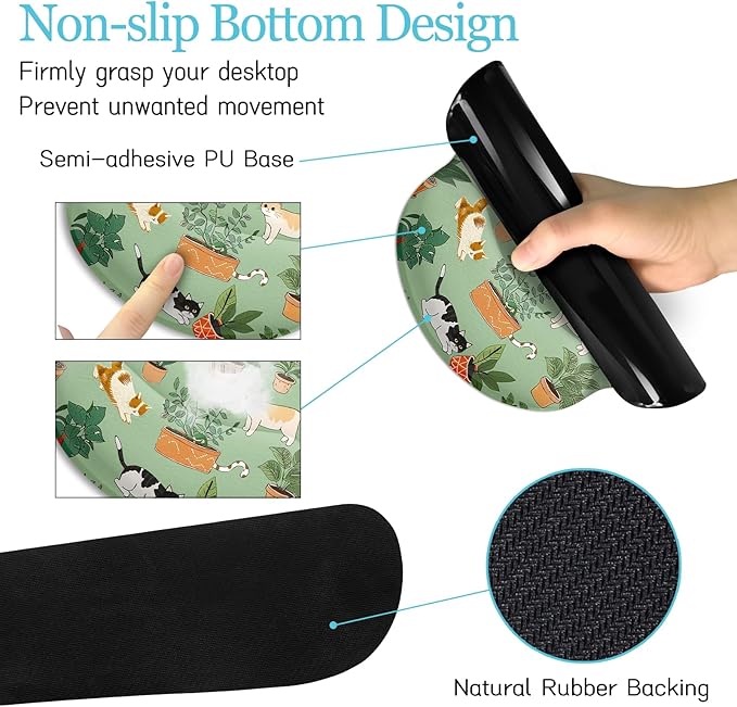 LIMKRIAN Cat Mouse Pad XXL Desk Mat Set, Green Ergonomic Mouse Pad with Wrist Rest, Large Gaming Mousepad Wrist Support Keyboard Mat Cup Coaster Set Cute Office Desk Decor Accessories
