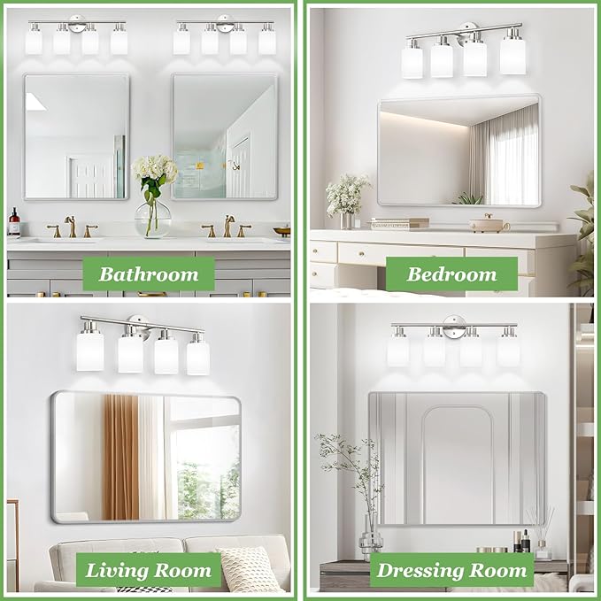 Guliaofo 4-Light Brushed Nickel Vanity Lights for Mirror, Bathroom Light Fixtures with Textured Milky White Glass Shade, Modern Kitchen Light Fixtures Wall Sconce Light - E26 Base