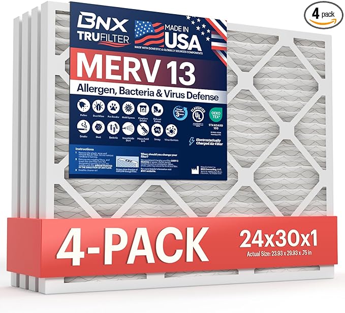 BNX TruFilter 24x30x1 Air Filter MERV 13 (4-Pack) - MADE IN USA - Electrostatic Pleated Air Conditioner HVAC AC Furnace Filters for Allergies, Pollen, Mold, Bacteria, Smoke, Allergen, MPR 1900 FPR 10