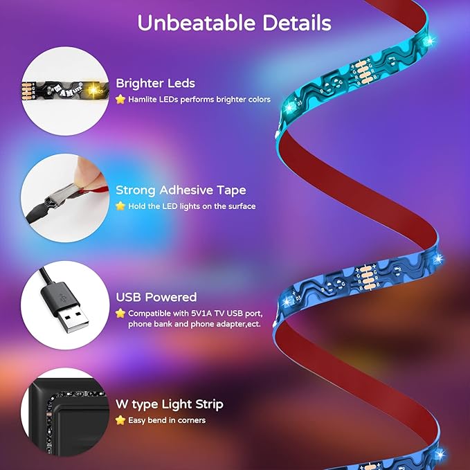 HAMLITE TV Backlight 55 inch, 11.5Ft Led Strip Lights USB Powered with Remote -Curve Design Sync on/Off with TV, Changing LED Background Bias Lighting for Living Room Decor, Gaming Decor