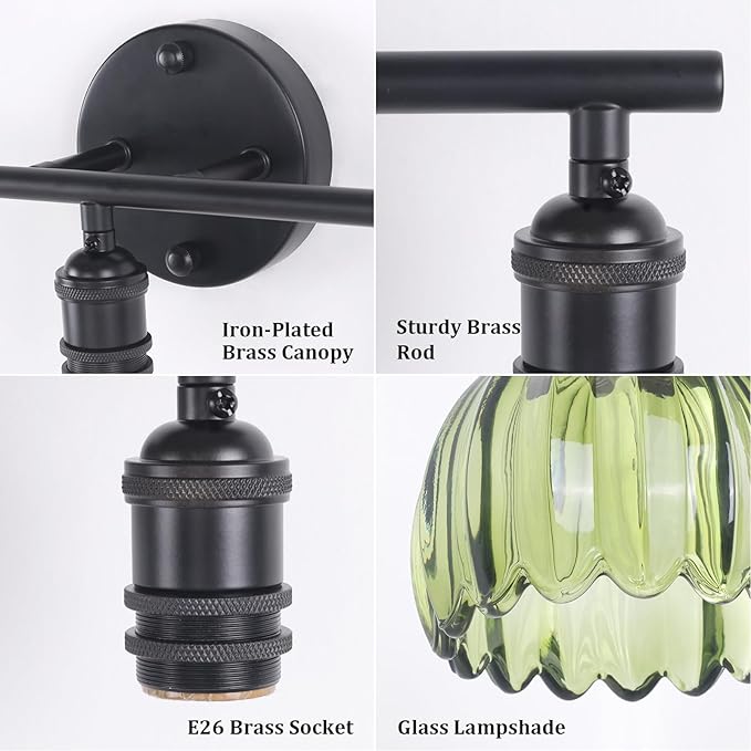 Shenmoyl Bathroom Light Fixtures, 3-Light Black Vanity Wall Light Over Mirror with Green Tulip Glass Shade for Bedroom Living Room (Bulb Not Included)