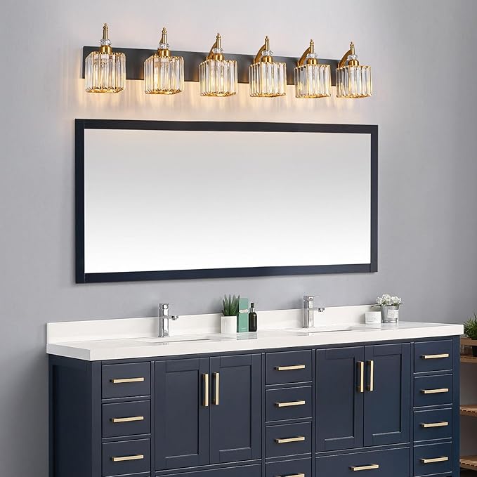 BBLLWJ Modern Black Gold 6 Light Bathroom Vanity Light Crystal Bathroom Light Fixtures Over Mirror