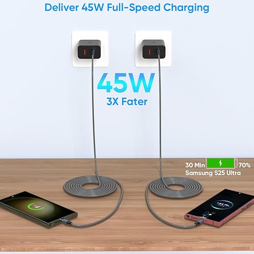 Extra Long 10Foot 45W Samsung USB C Fast Charger Block Dual Port PD Power Adapter Fast Charging Block,2Pack 10FT Type C Super Quick Charging Cord for Samsung Galaxy S25 Ultra/S25/S24/S23/S22 and More