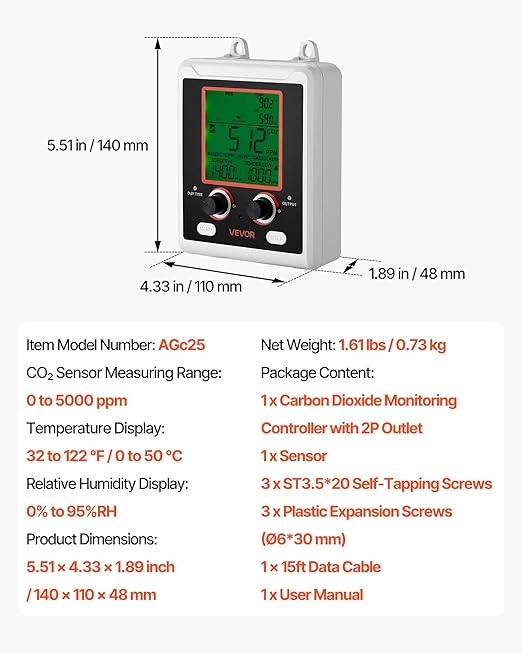 VEVOR Carbon Dioxide Monitoring Controller, Dual Outlets Carbon Dioxide Controller, CO2 Meter Monitor Day and Night Detection Feature, NDIR CO2 Sensor for Green House, Laboratories, Classrooms, Home